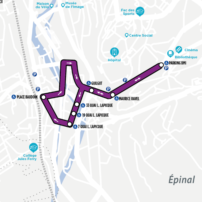 Ce plan montre un trajet circulaire d’une ligne de transport à Épinal, passant par plusieurs arrêts clés, notamment des lieux publics importants comme une bibliothèque, un hôpital, un cinéma, et un collège.
Liste des arrêts dans l’ordre du trajet (sens de la flèche)
1. PARKING BMI – Point de départ. Proche du cinéma et de la bibliothèque.
2. MAURICE RAVEL
3. GUILGOT
4. 33 QUAI L. LAPICIQUE
5. 19 QUAI L. LAPICIQUE
6. 7 QUAI L. LAPICIQUE
7. PLACE BAUDOIN – À proximité immédiate de la gare SNCF.
8. Retour par un petit détour intérieur vers le nord-est pour rejoindre à nouveau GUILGOT, puis retour au PARKING BMI.
Le tracé forme une boucle : le véhicule revient à son point de départ (Parking BMI). Les flèches indiquent le sens de circulation, ce qui signifie que les arrêts ne sont desservis que dans un sens unique.
Repères utiles pour les arrêts :
Points d’intérêt à proximité :
Cinéma et Bibliothèque (près du Parking BMI)
Hôpital (non loin de Maurice Ravel)
Collège Jules Ferry (près de Place Baudoin)
Musée de l’Image et Maison du Vélo (entre Guilgot et Place Baudoin)
Repères sonores ou tactiles possibles :
Sons de circulation intenses vers Place Baudoin (zone de gare).
Trottoirs larges autour du Parking BMI (lieux publics).
Possible présence de bandes podotactiles près de l’hôpital.